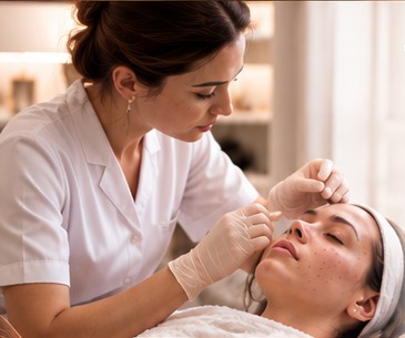 Profesional de la estética realizando una valoración facial en cabina